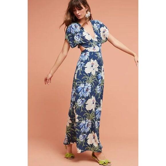 Anthropologie d.RA Maxi Dress Santorini Floral Tropical Boho Blue Cream Size L - Picture 1 of 13
